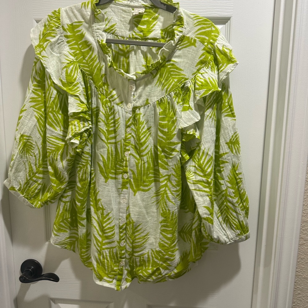 ivy jane Lime Leaf Print Ruffle Button-Up Blouse